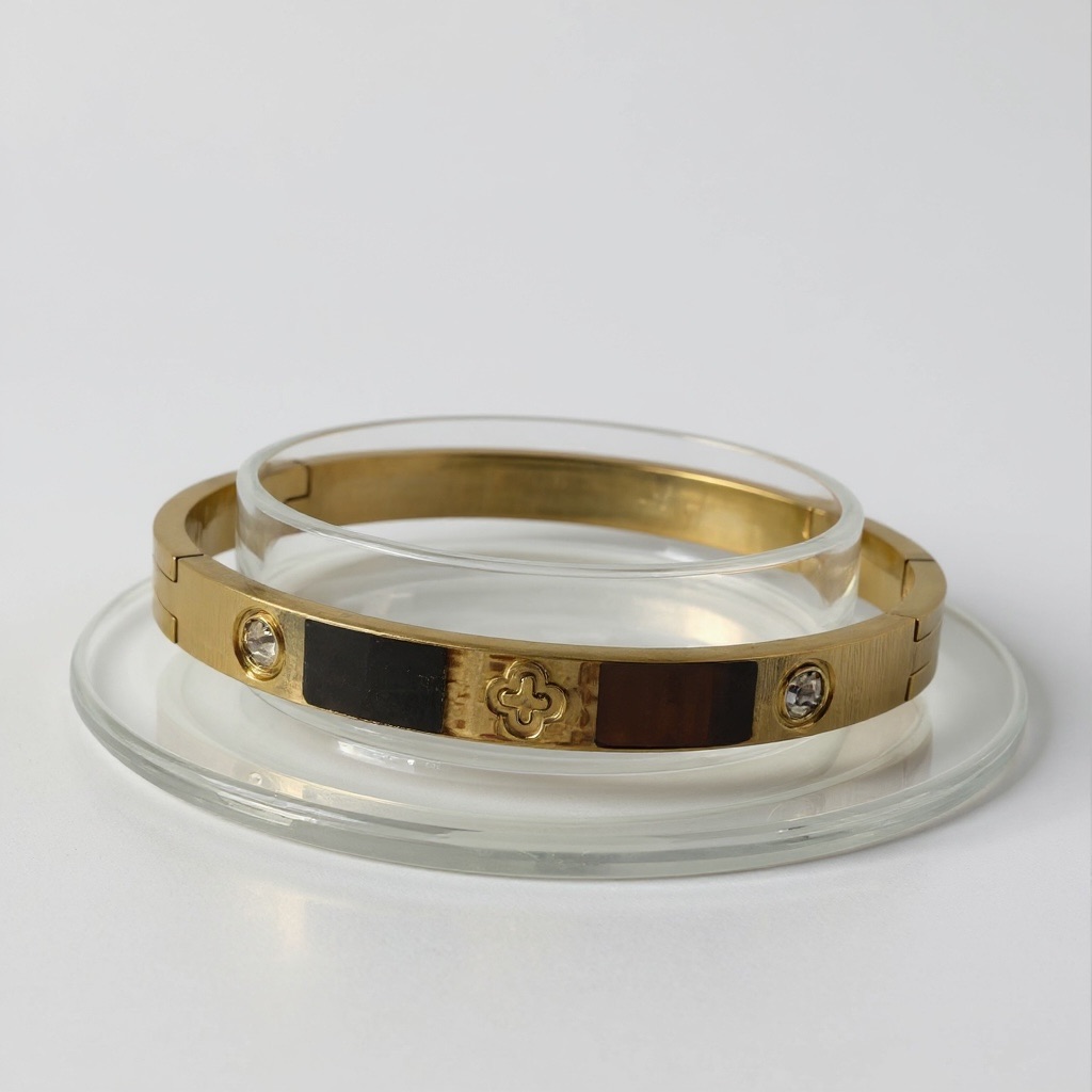 Cart Logo Goldtone Crystal Accents Bangle Bracelet Stainless Steel New